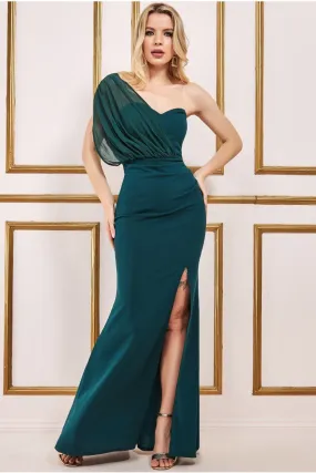 Goddiva One Shoulder Front Split Maxi Dress - Emerald Green