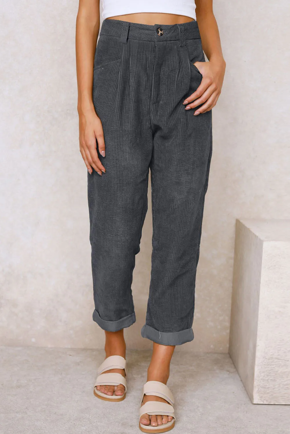 Grey Corduroy High Waisted Wide Leg Pants