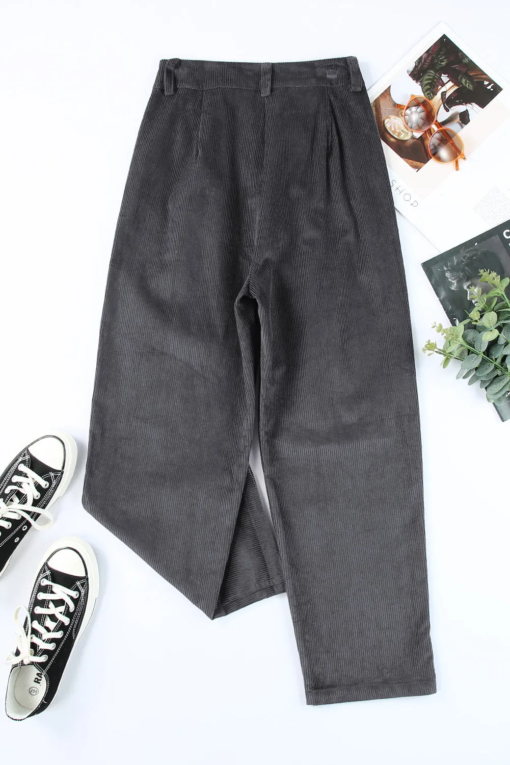 Grey Corduroy High Waisted Wide Leg Pants