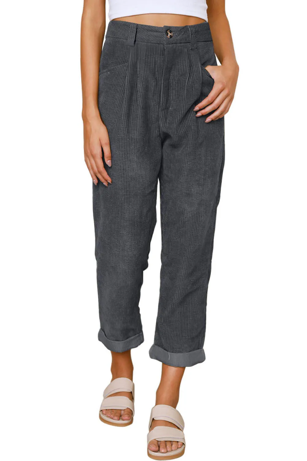 Grey Corduroy High Waisted Wide Leg Pants