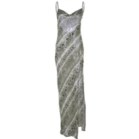 Halibuy Cowl neck open back snake print slit sheer maxi dress