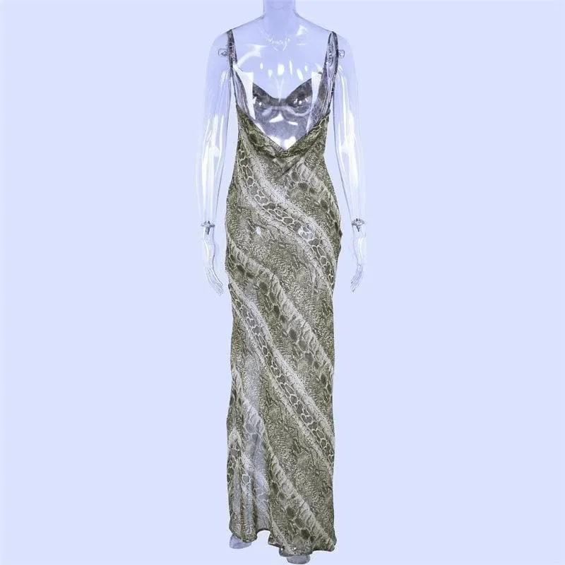 Halibuy Cowl neck open back snake print slit sheer maxi dress