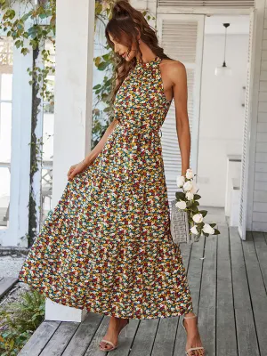 Halter Neck Bohemian Floral Printed Sleeveless Swing Boho Dress