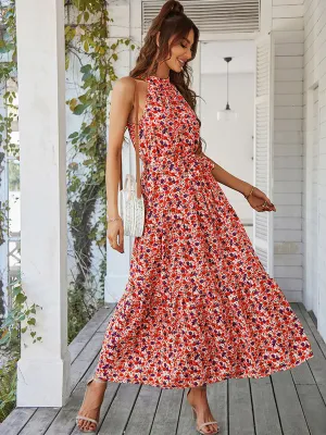 Halter Neck Sleeveless Bohemian Floral Printed Swing Boho Dress