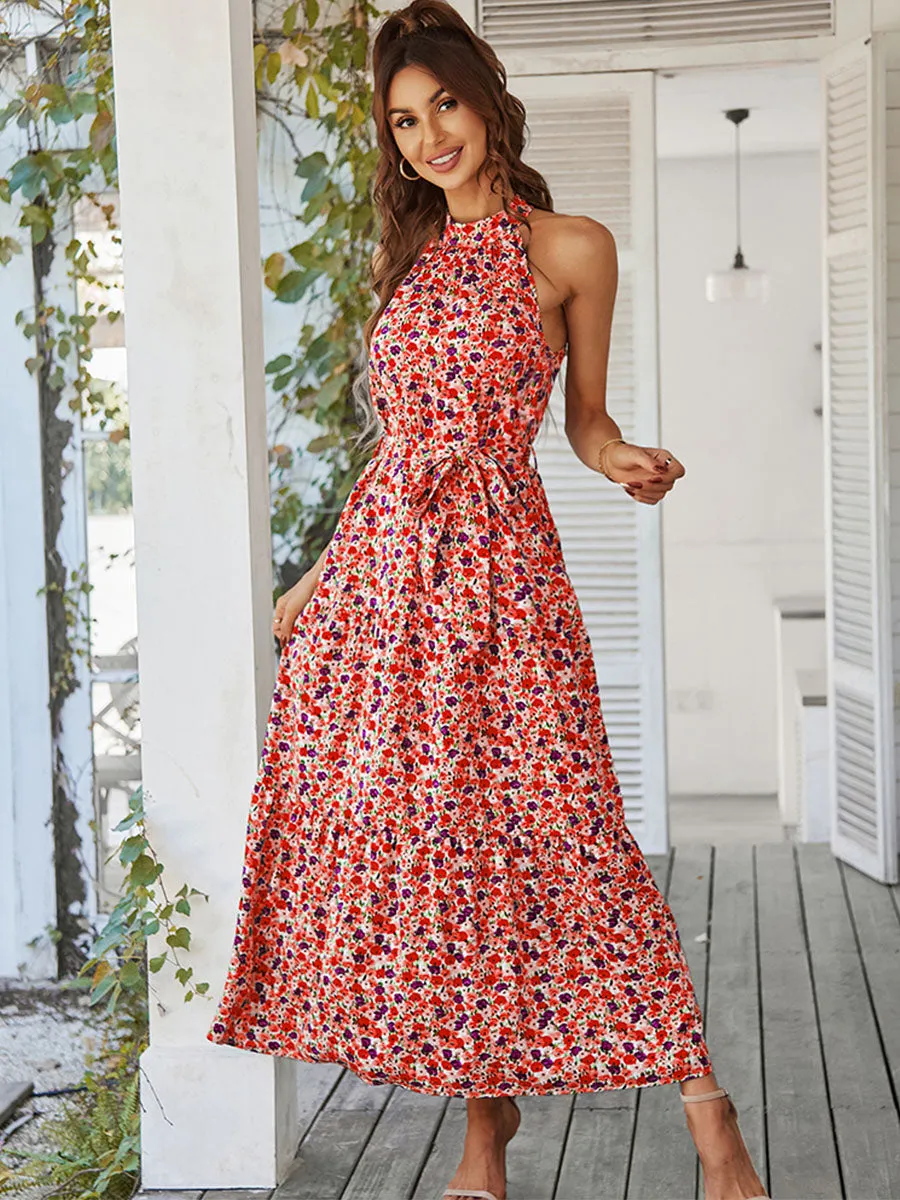 Halter Neck Sleeveless Bohemian Floral Printed Swing Boho Dress