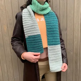 Handmade teal colour block crochet scarf