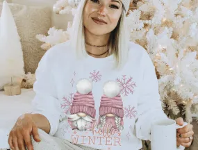 Hello Winter Gnomes Crewneck Sweatshirt Women's Unisex-Sized Christmas Pullover Watercolor Gnomes and Snowflakes Cozy Shirt