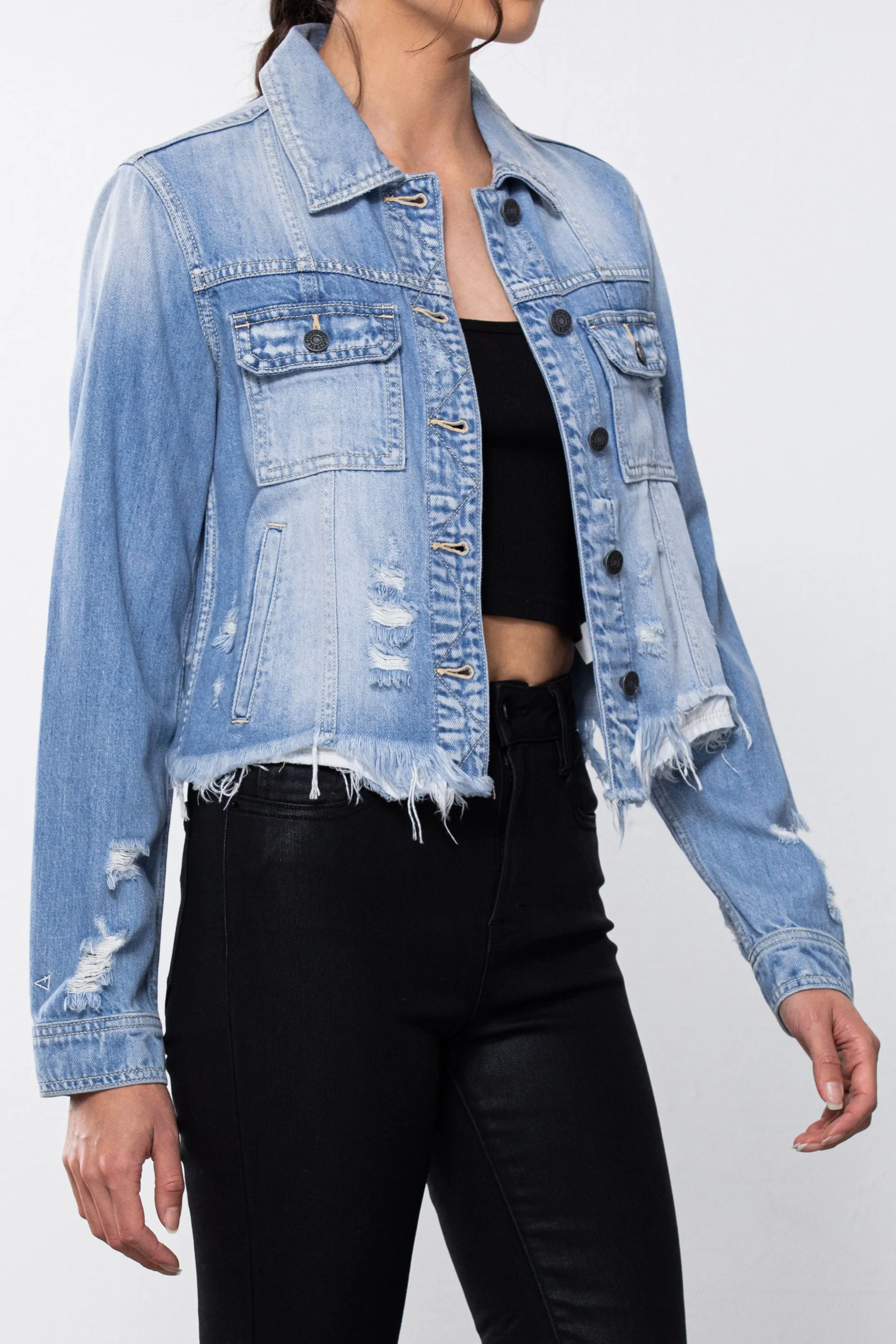 HIDDEN Fitted Light Wash Fringed Jean Jacket by HIDDEN JEANS