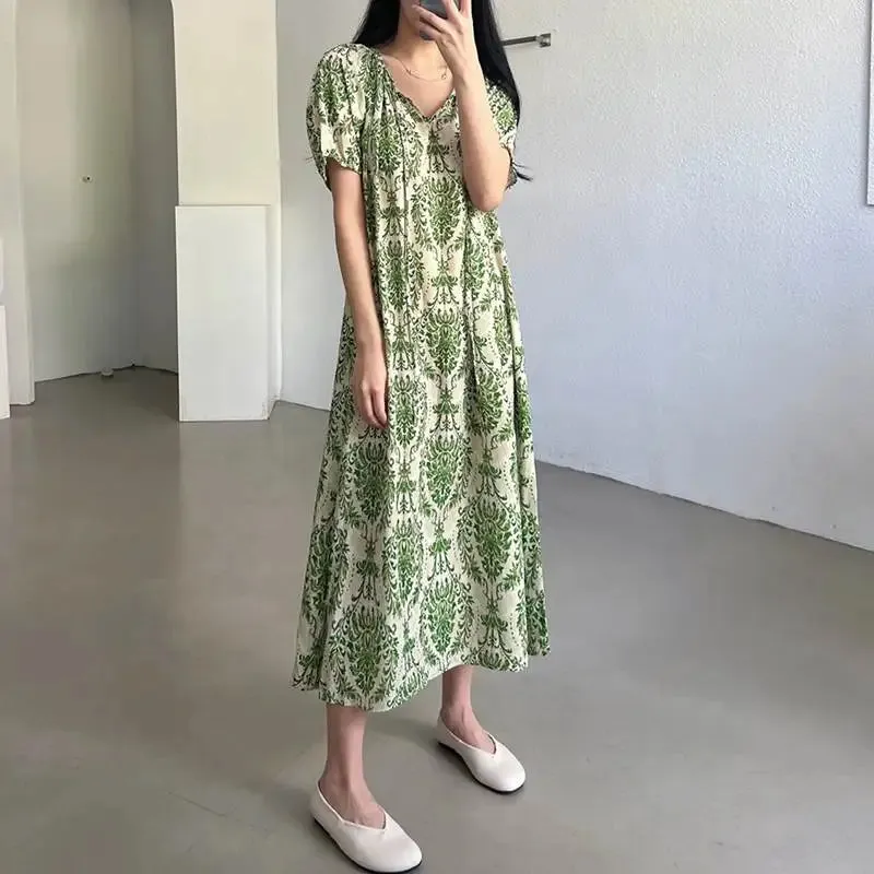 Holiday Summer Maxi Dress Women Fashion Short Sleeve Robe Vintage Printed Bandage O-neck Sundress Casual Loose Vestidos