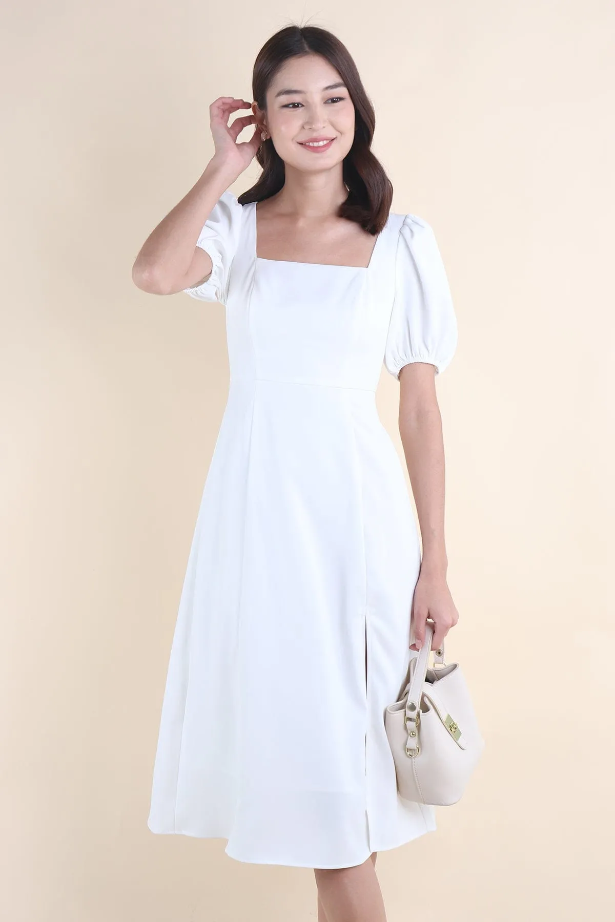 JANELYN SLEEVE MIDI DRESS IN WHITE