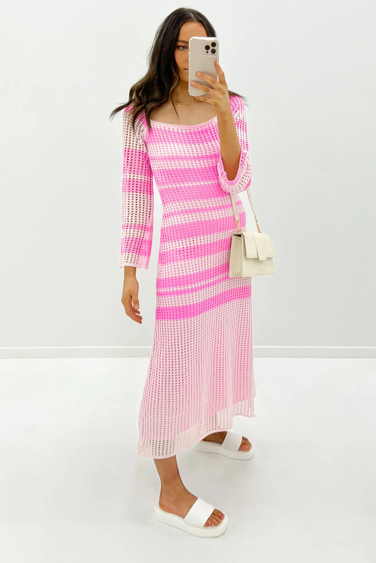 Katey Crochet Maxi Dress Pink White