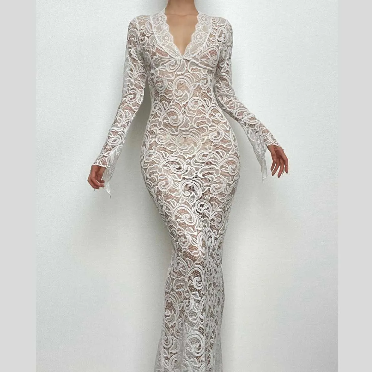 Lace see through long sleeve v neck solid maxi dress