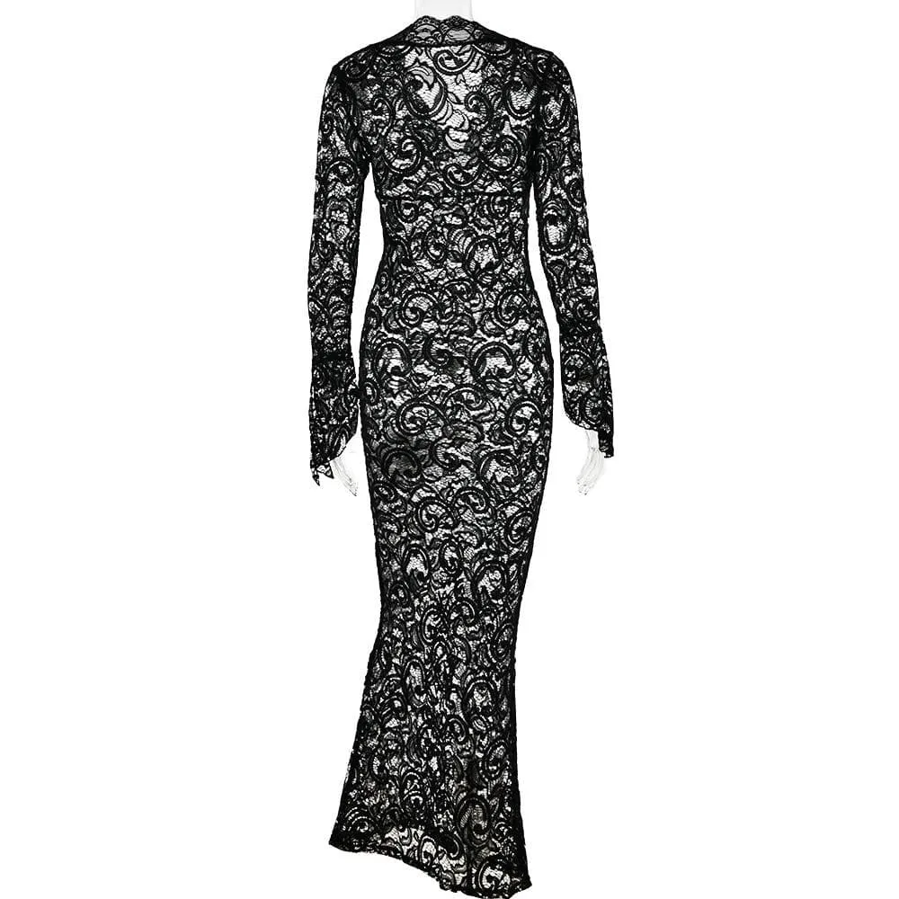 Lace see through long sleeve v neck solid maxi dress