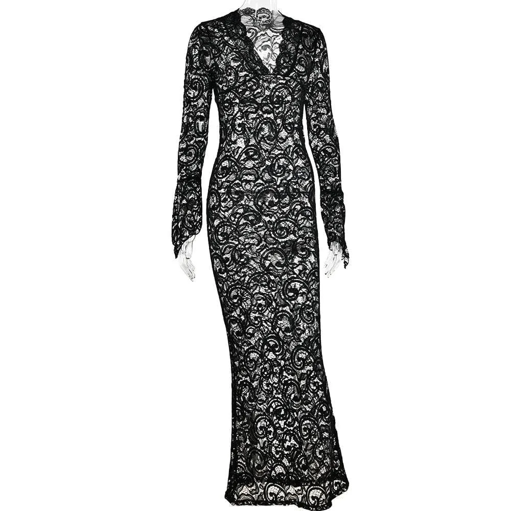 Lace see through long sleeve v neck solid maxi dress