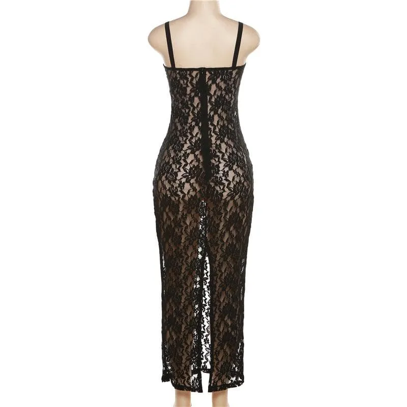 Lace solid zip-up see through sleeveless backless maxi dress