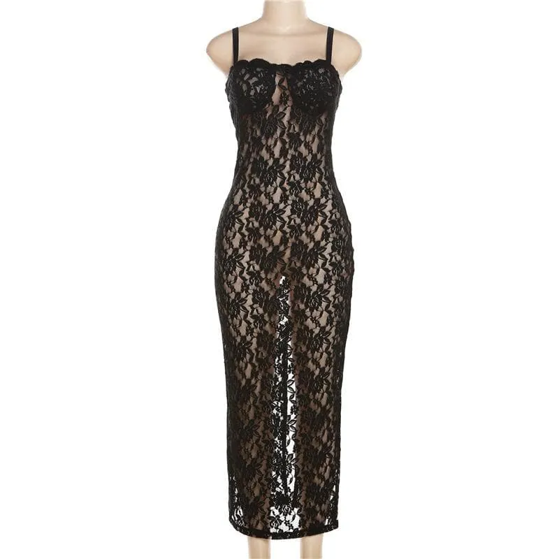 Lace solid zip-up see through sleeveless backless maxi dress