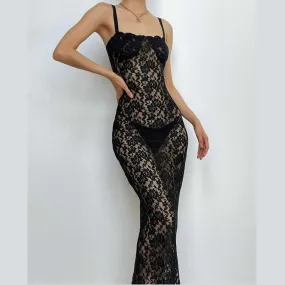 Lace solid zip-up see through sleeveless backless maxi dress