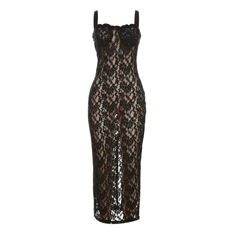 Lace solid zip-up see through sleeveless backless maxi dress