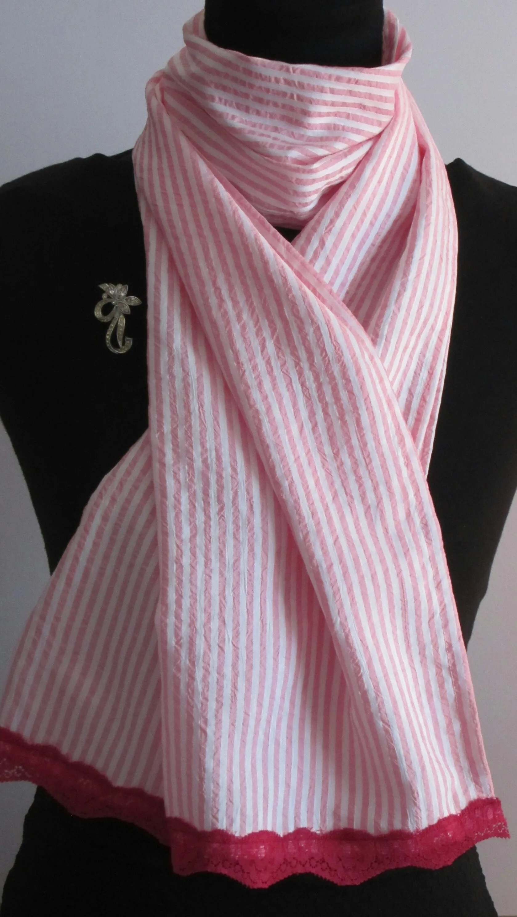 Ladies Cute Pink And White Candy Stripe Scarf with Dark Red Lace Trim