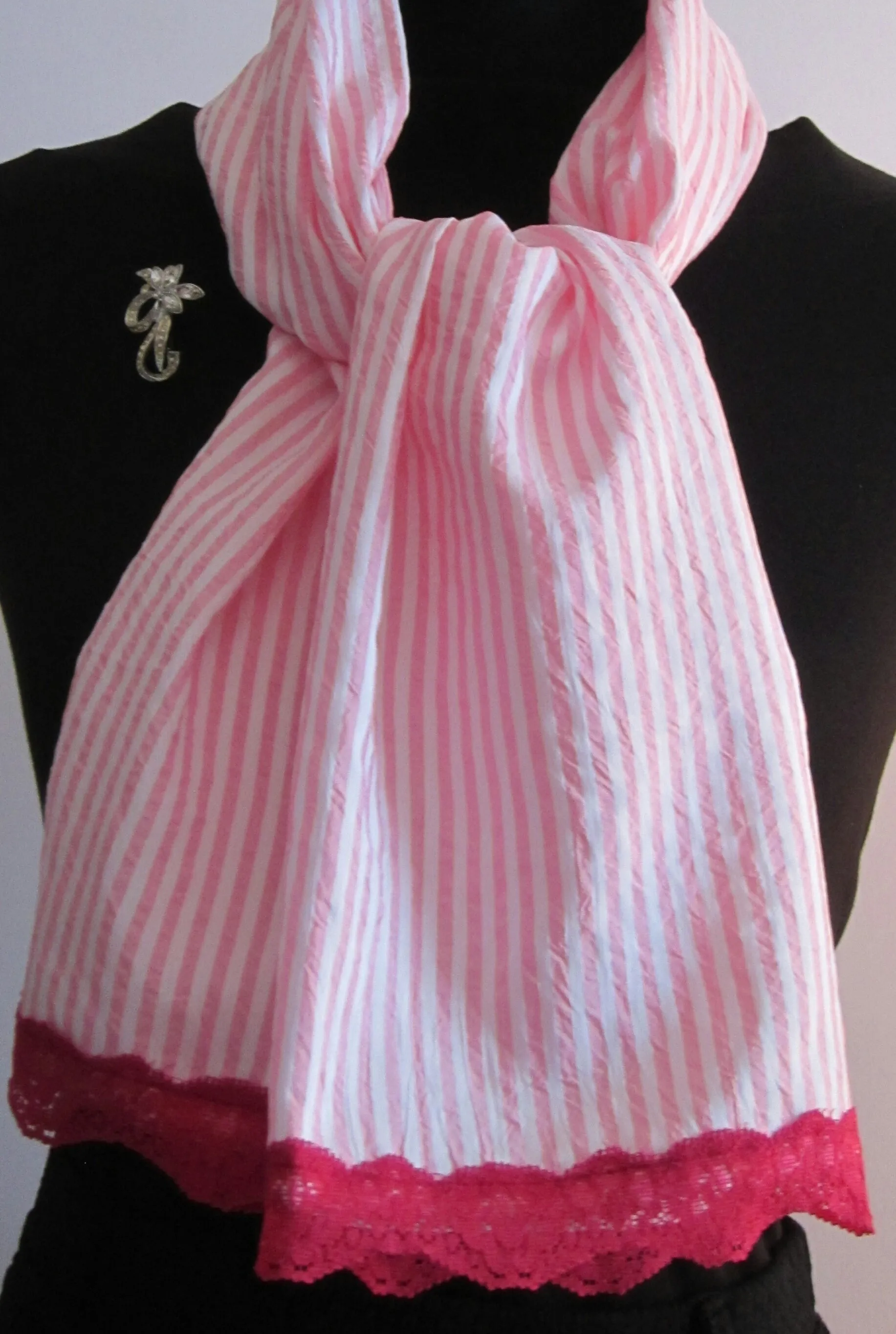 Ladies Cute Pink And White Candy Stripe Scarf with Dark Red Lace Trim