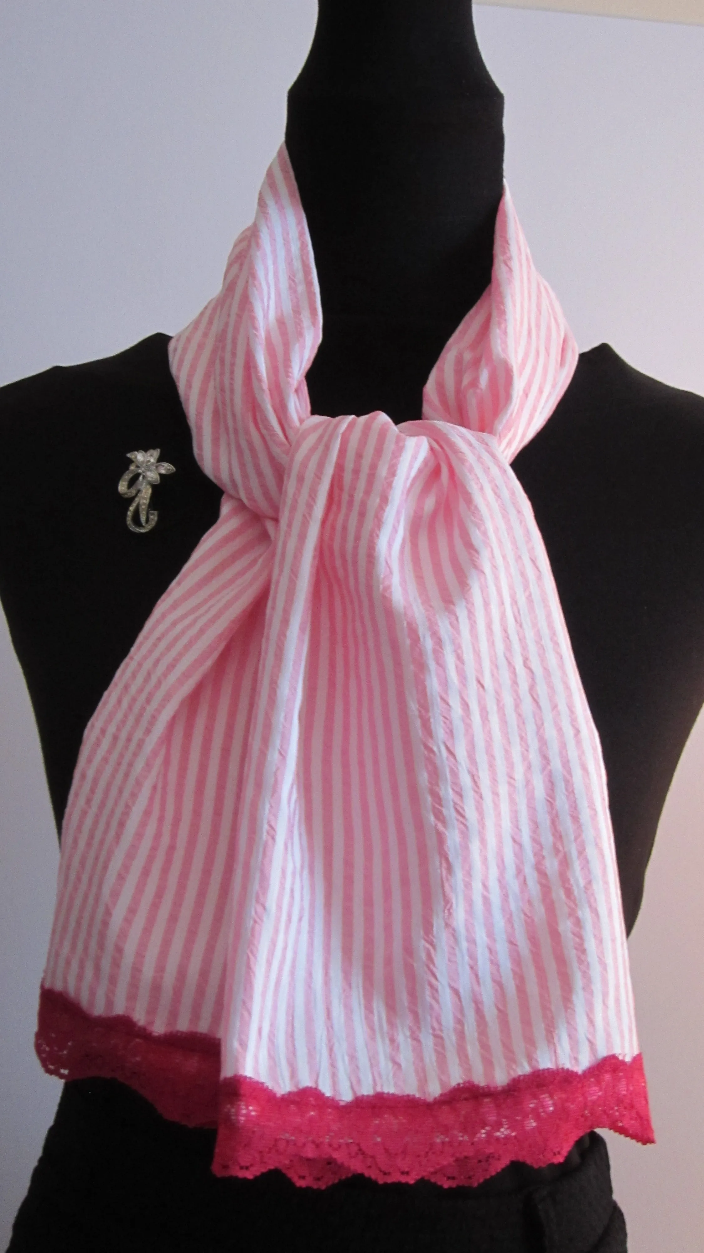 Ladies Cute Pink And White Candy Stripe Scarf with Dark Red Lace Trim