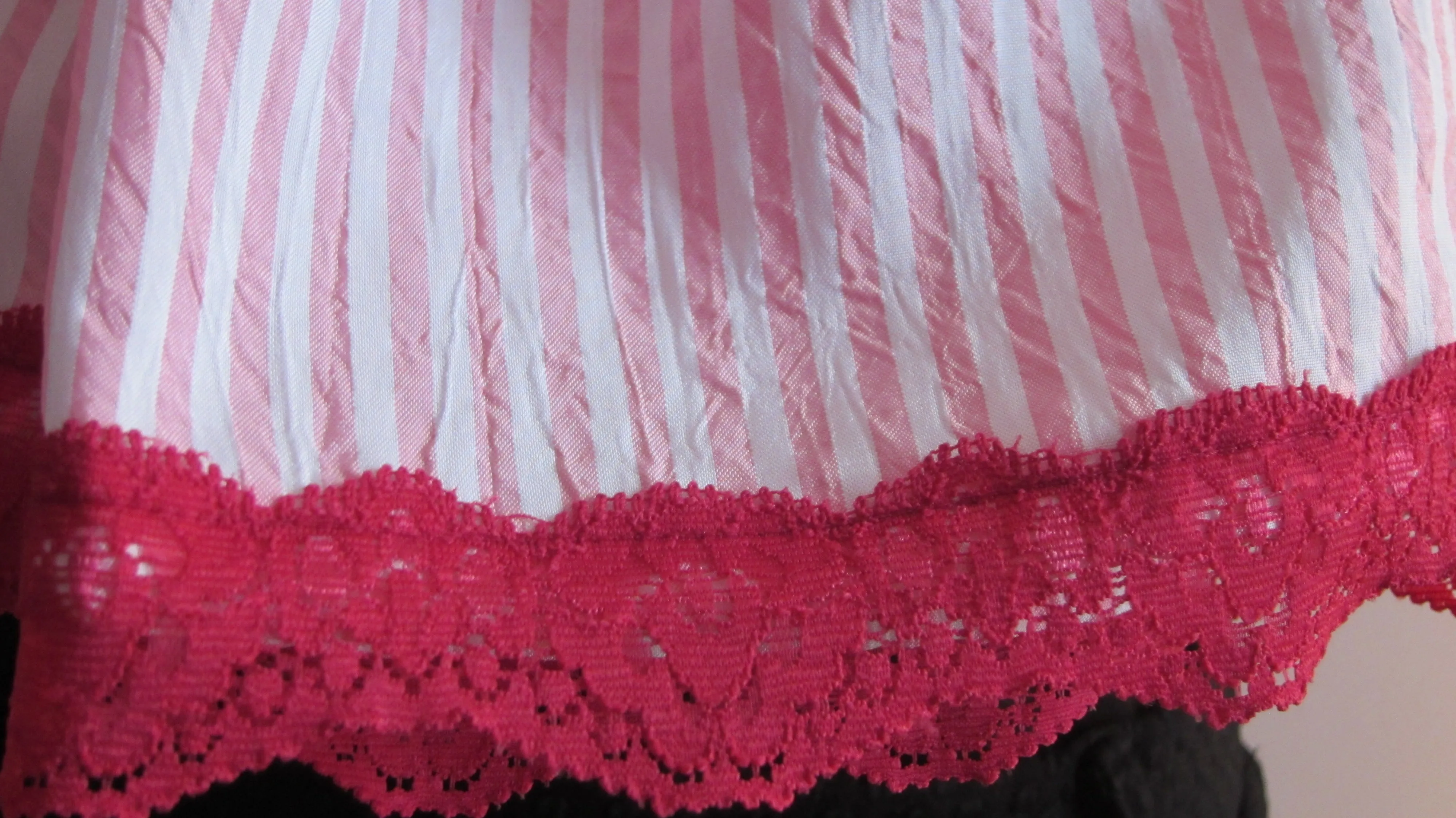 Ladies Cute Pink And White Candy Stripe Scarf with Dark Red Lace Trim