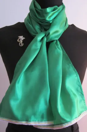 Ladies Green Scarf With Pastel Striped Trim.