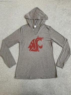 Ladies WSU Grey Long Sleeve V-Neck Hooded tee