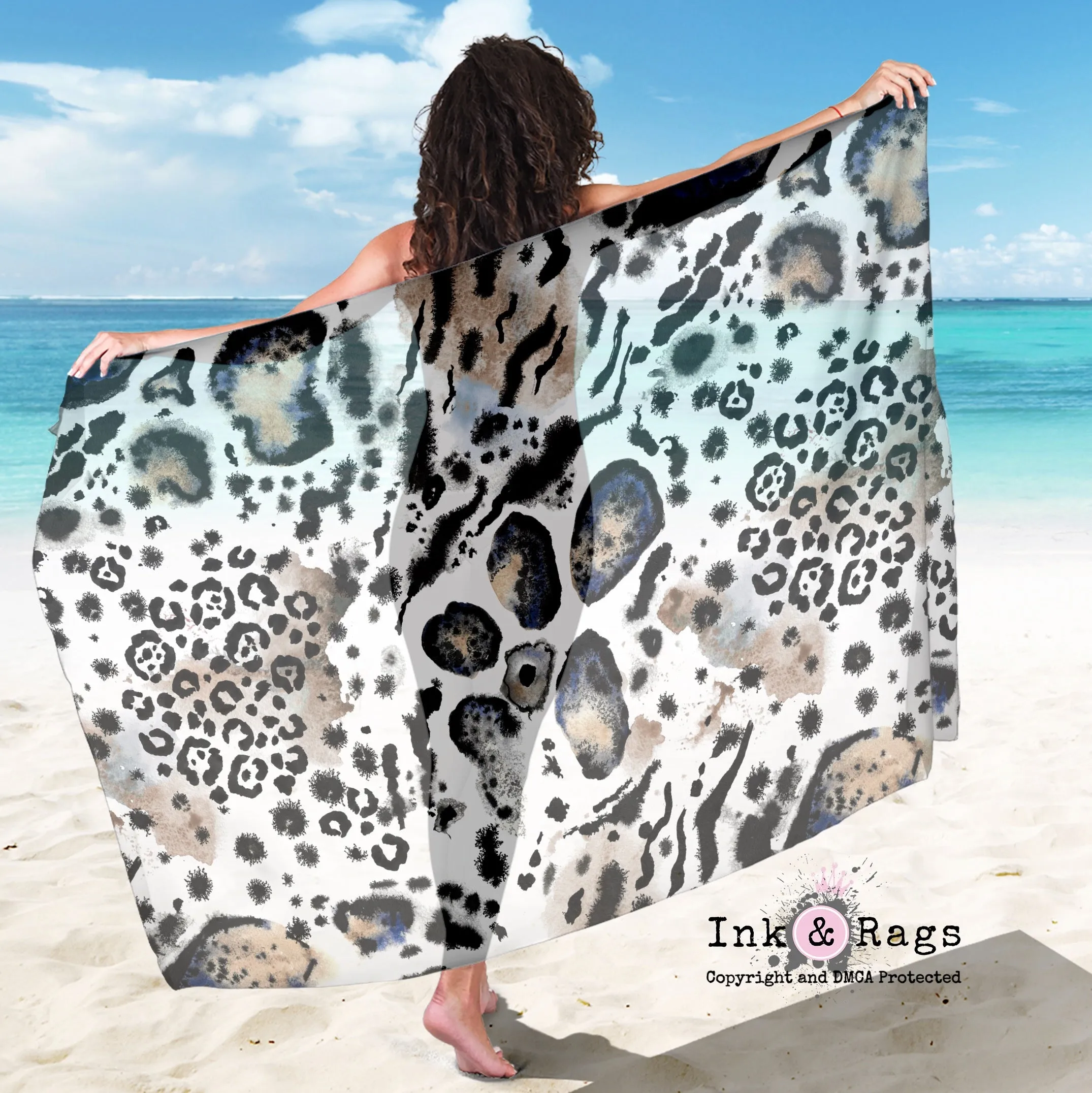 Large Sheer Watercolor Snow Leopard Scarf, Sarong, Shawl