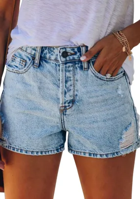 Light Blue Mid-Waist Distressed Washed Denim Shorts