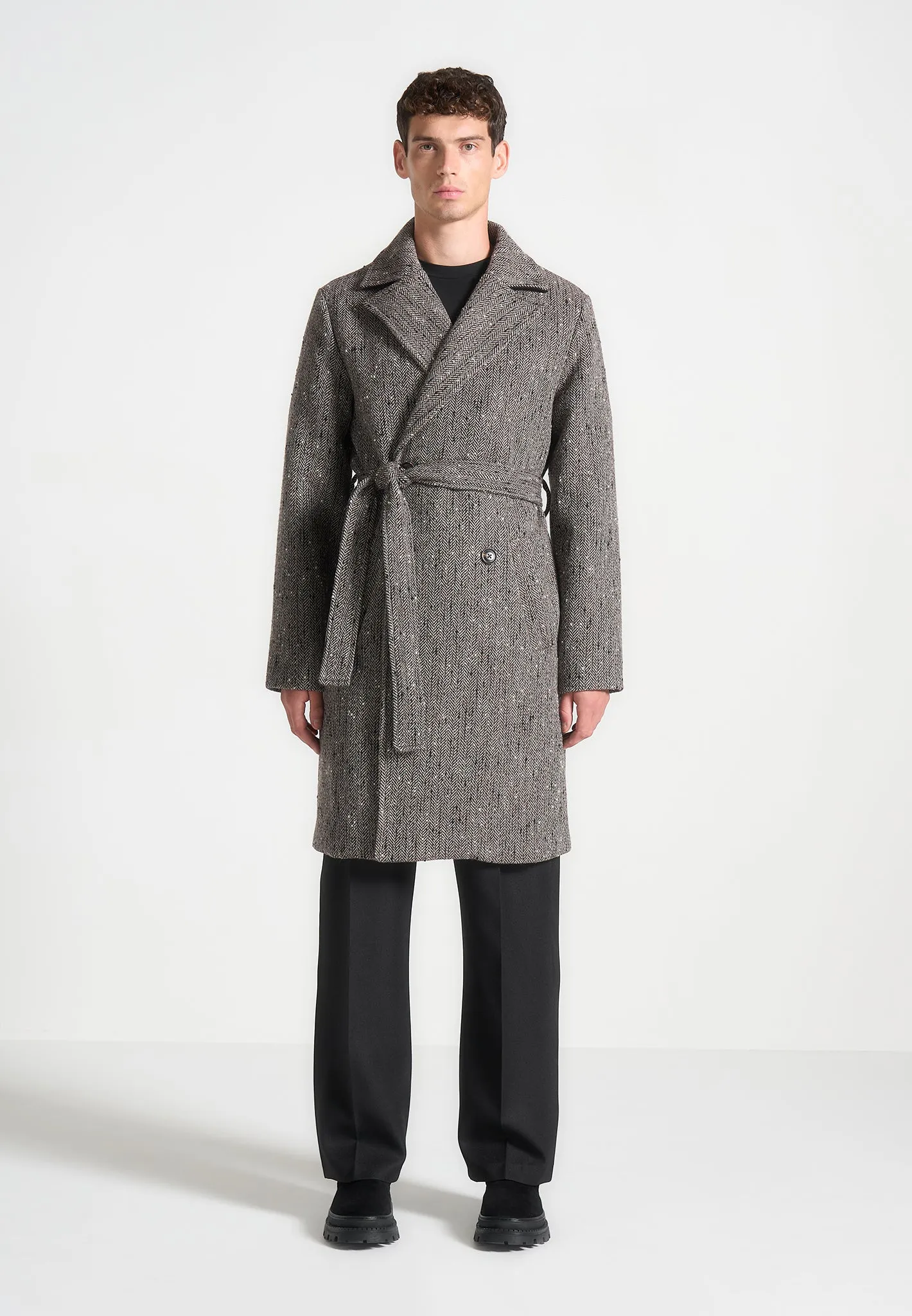 Limited Edition Herringbone Wool Double Breasted Coat - Brown