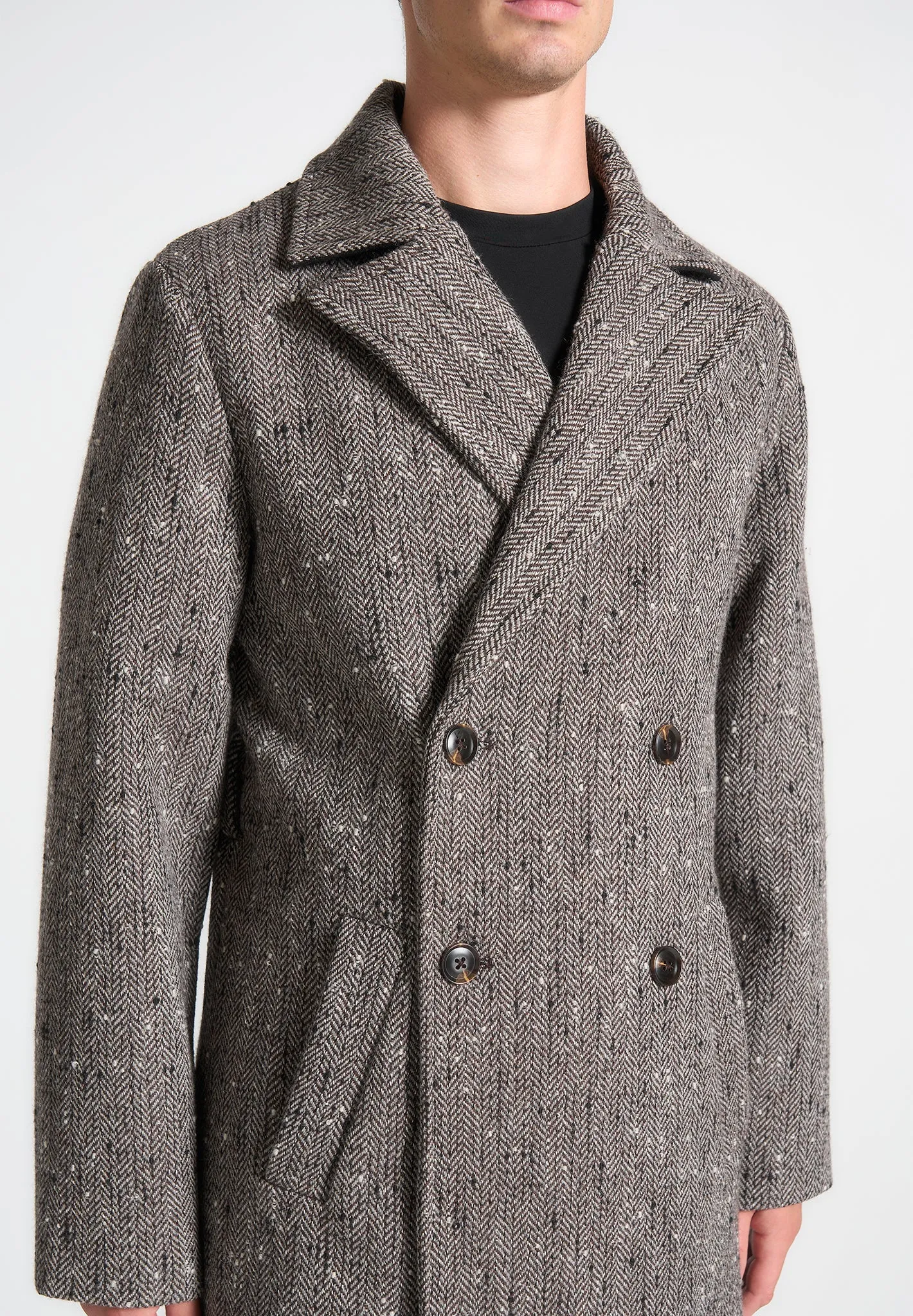 Limited Edition Herringbone Wool Double Breasted Coat - Brown