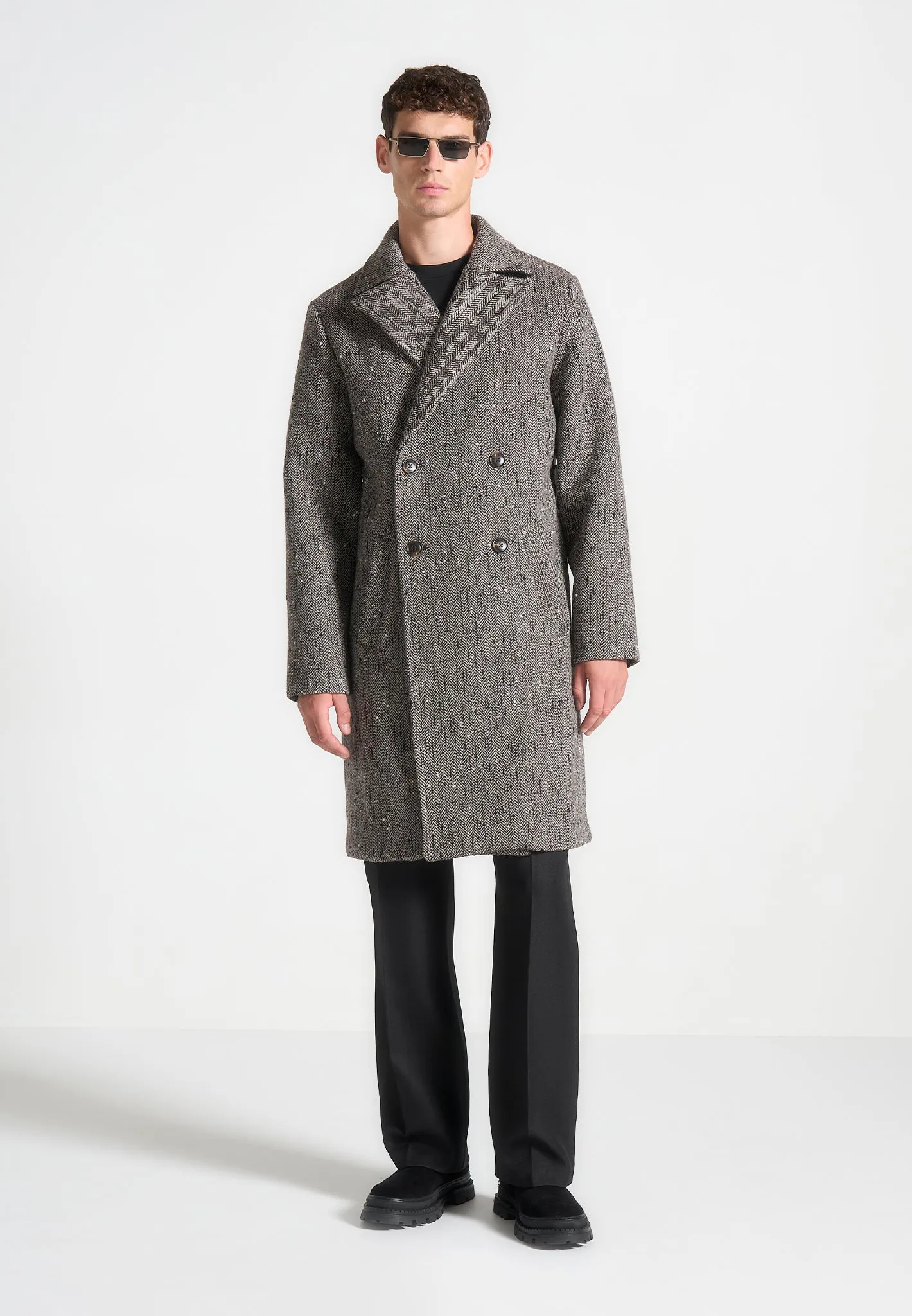 Limited Edition Herringbone Wool Double Breasted Coat - Brown