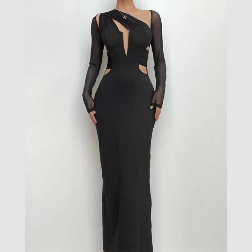 Long sleeve mesh irregular patchwork slit maxi dress