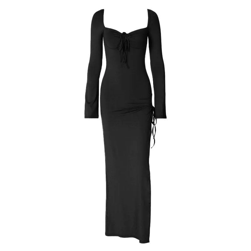 Long sleeve slit self tie drawstring backless solid maxi dress