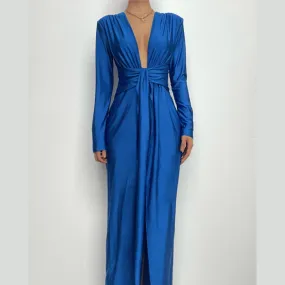 Long sleeve v neck ruched slit solid irregular maxi dress