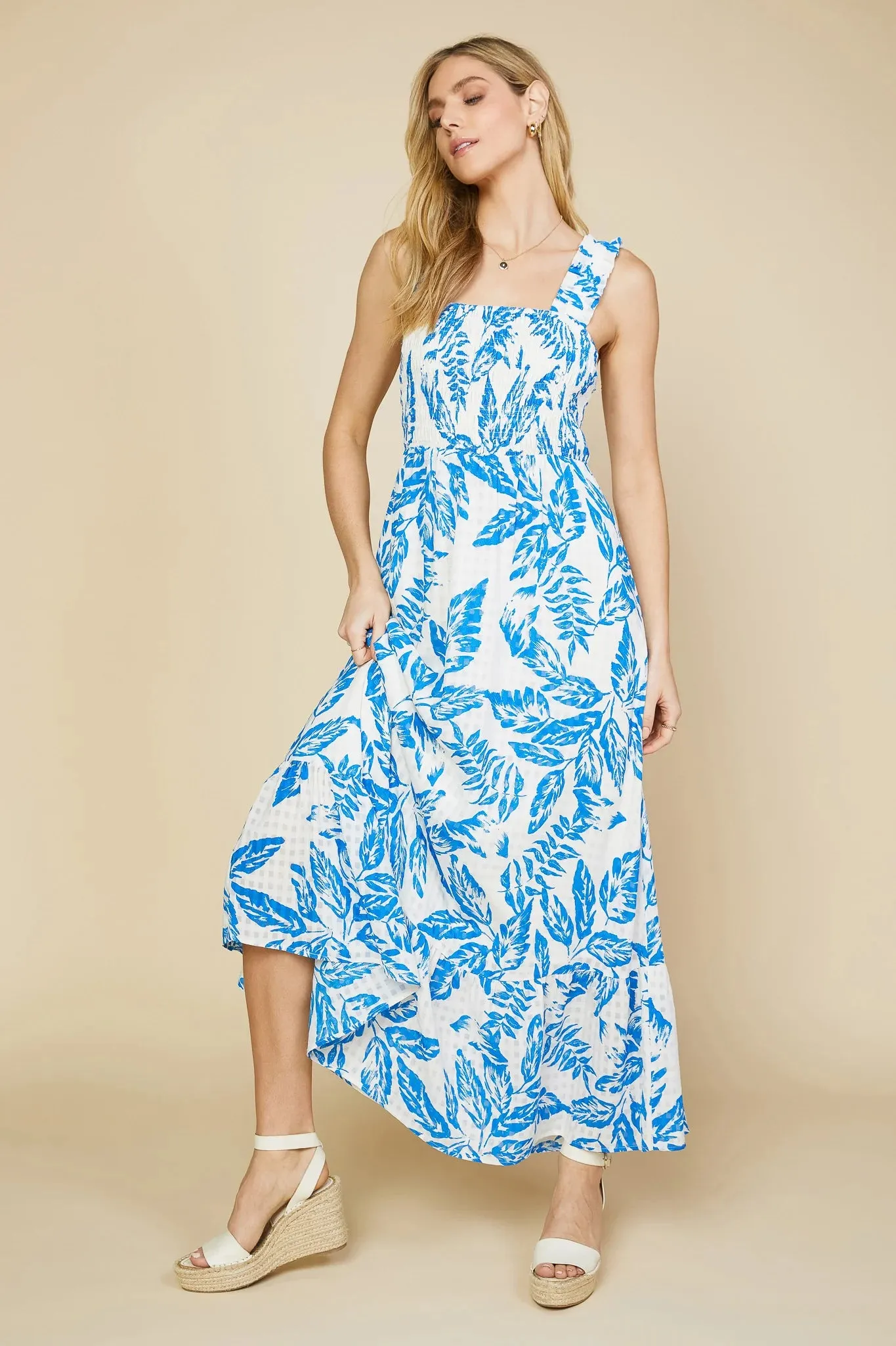 Mariana Blue & White Foliage Print Maxi Dress