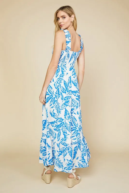 Mariana Blue & White Foliage Print Maxi Dress