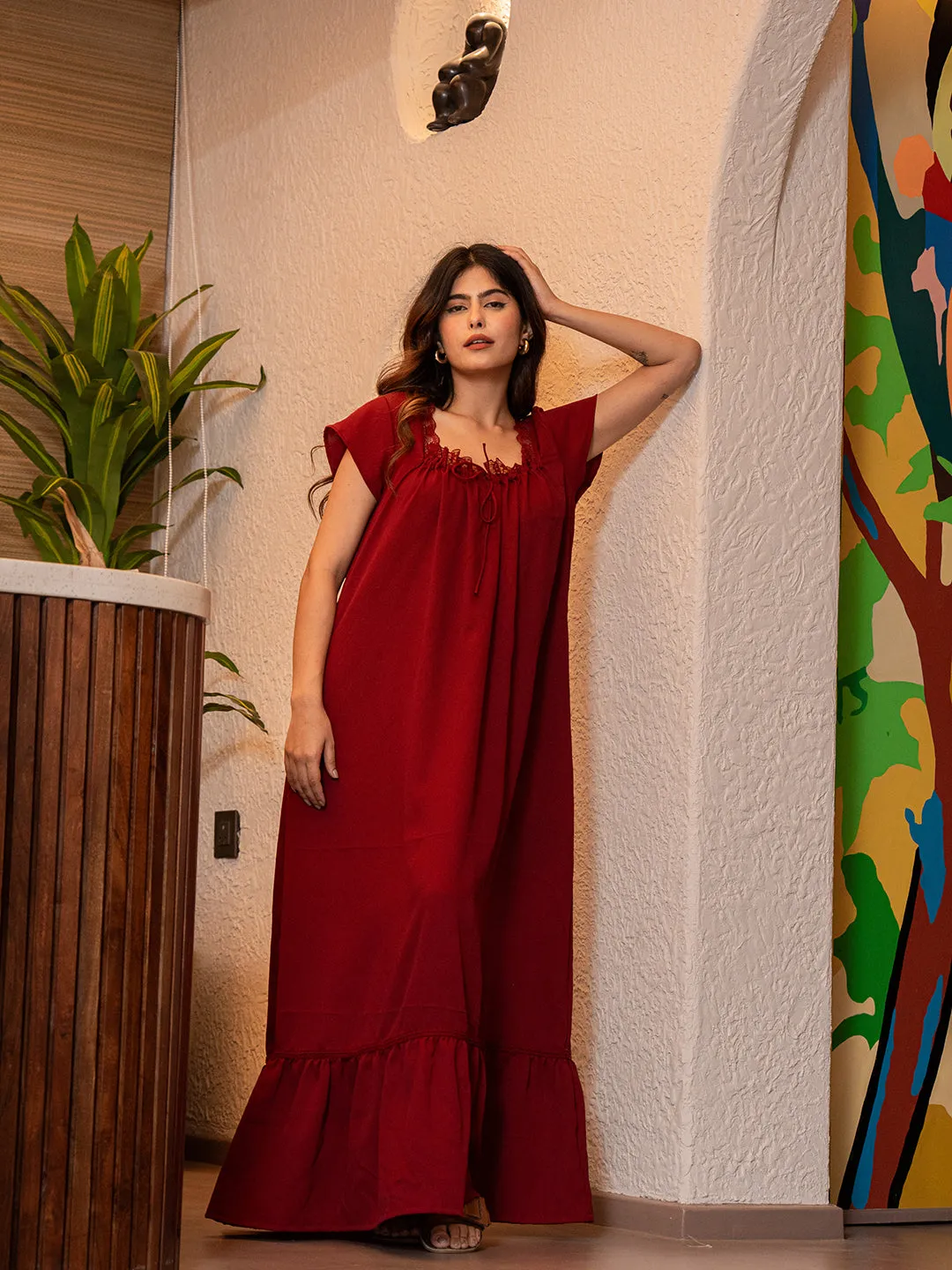 Maroon Flared Soft Crepe Night Maxi