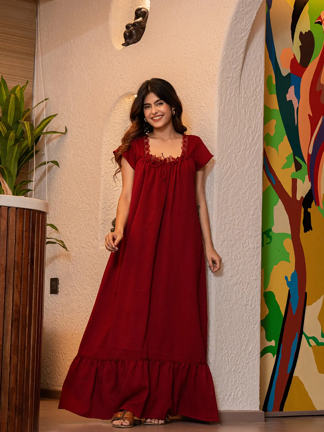 Maroon Flared Soft Crepe Night Maxi