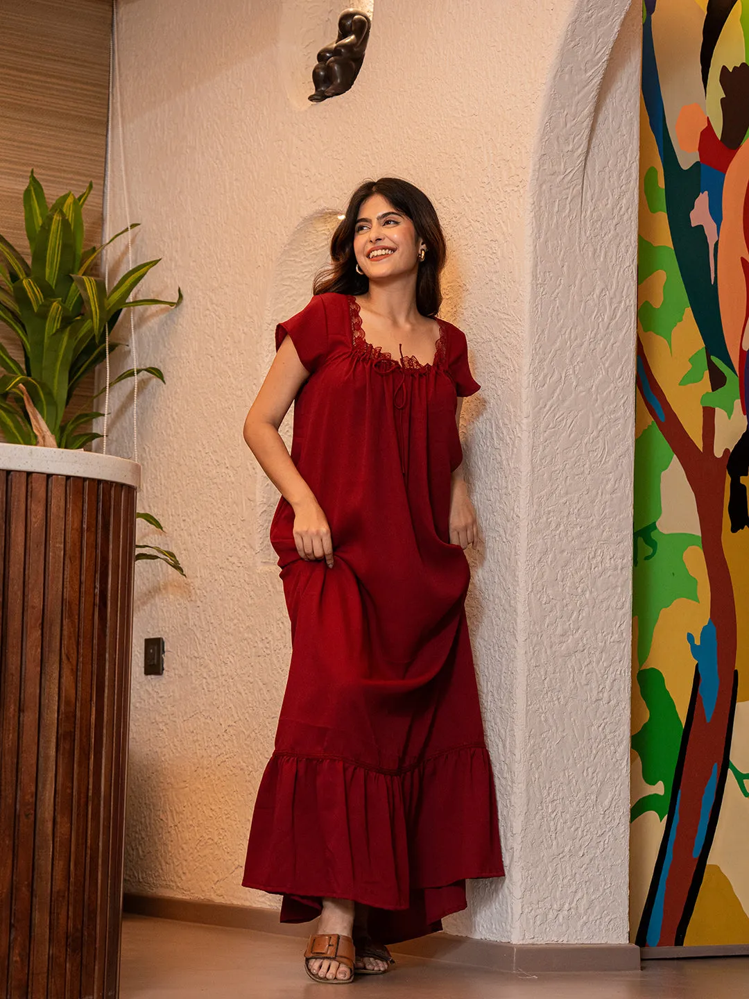 Maroon Flared Soft Crepe Night Maxi