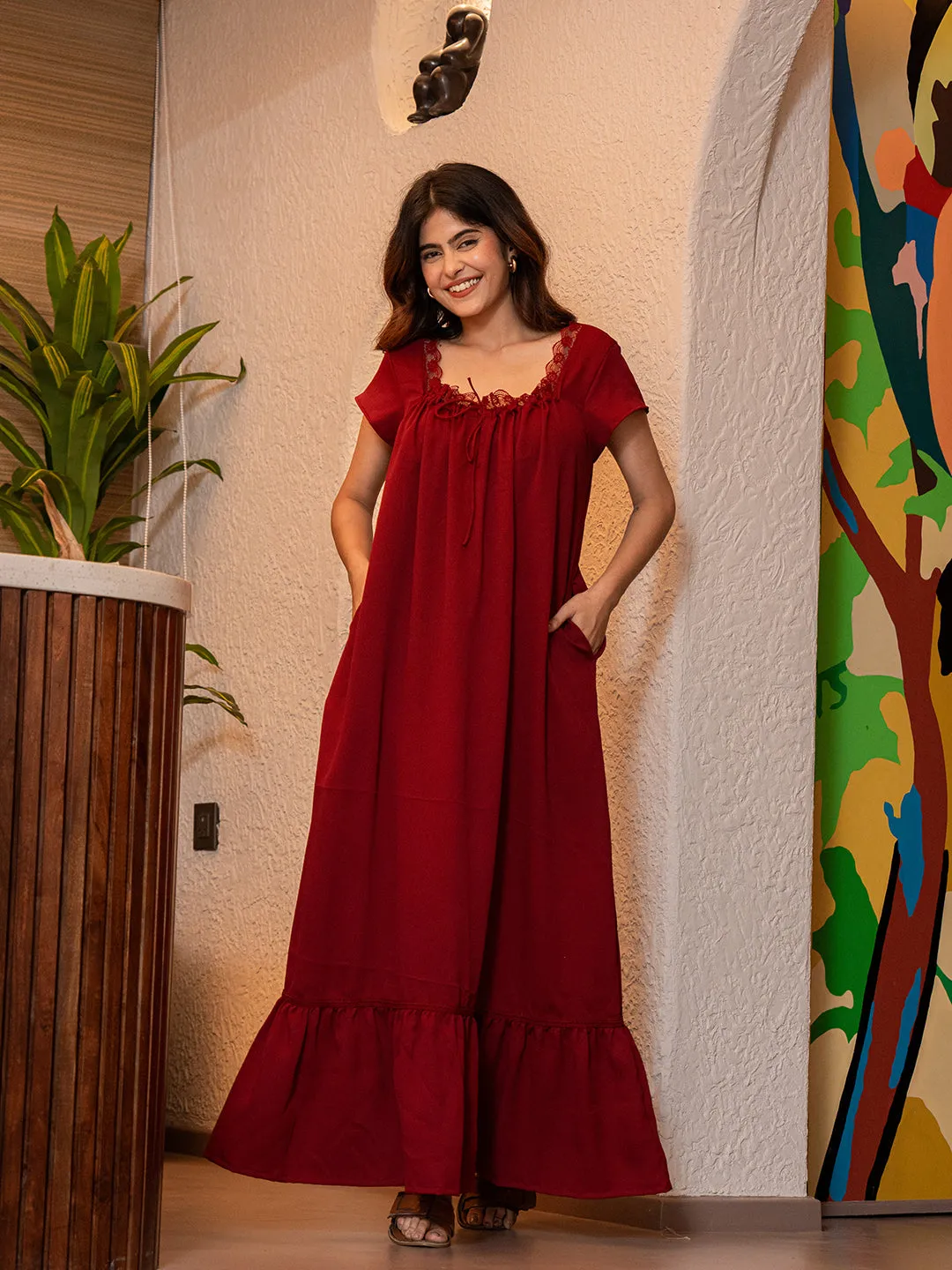 Maroon Flared Soft Crepe Night Maxi