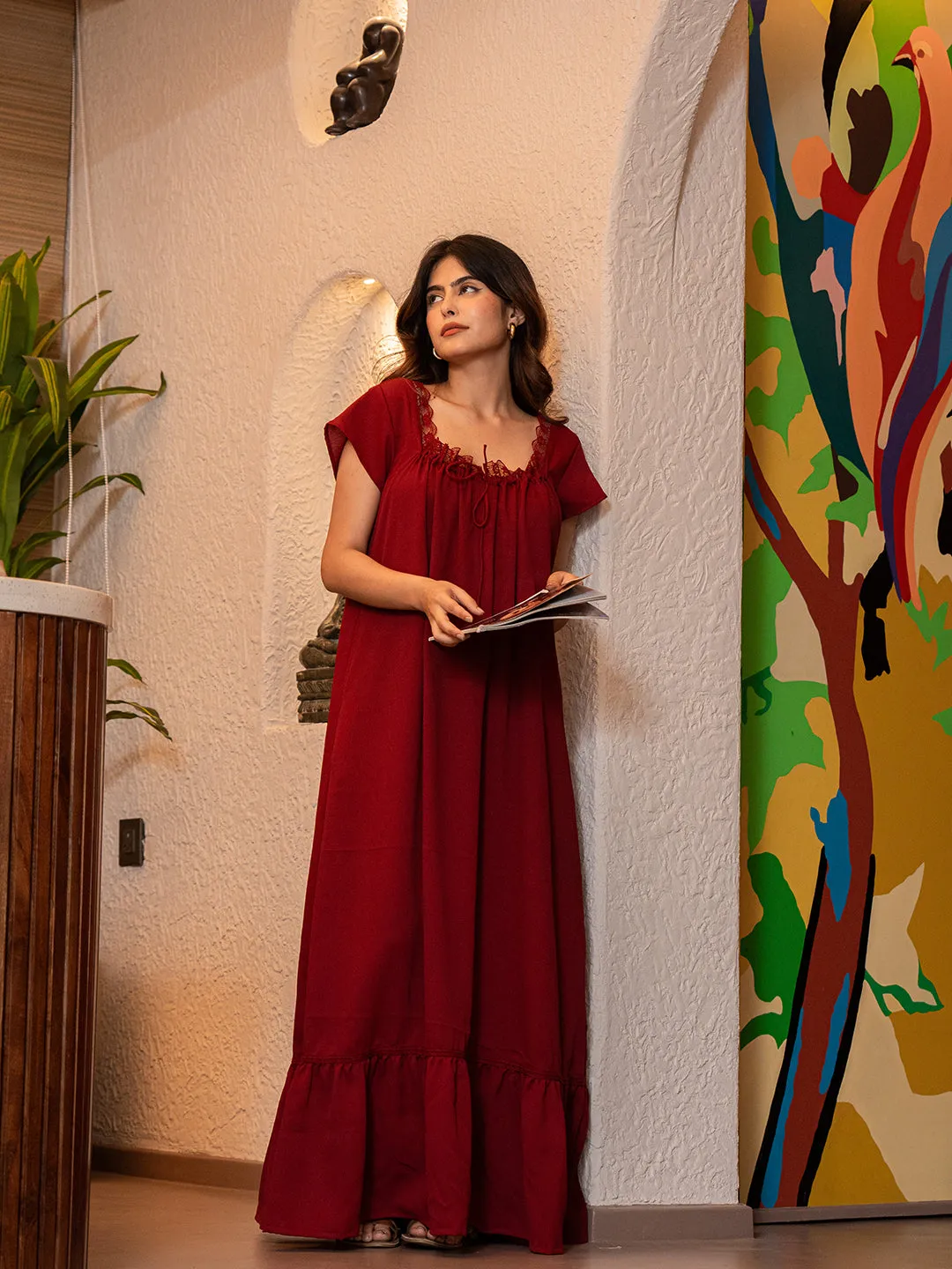 Maroon Flared Soft Crepe Night Maxi