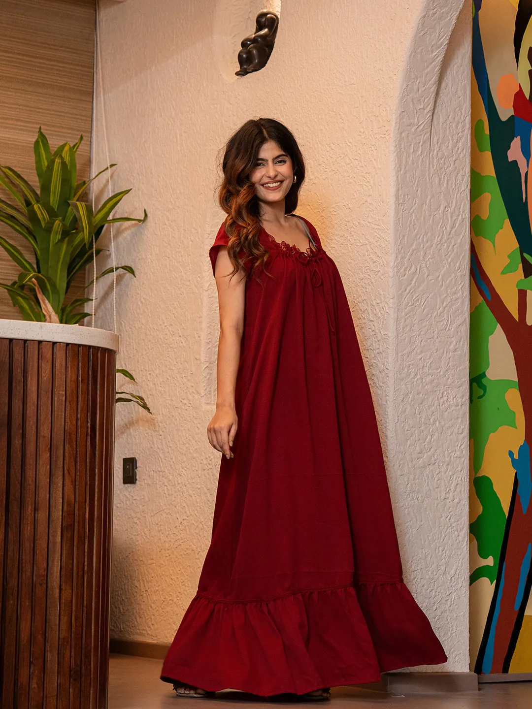 Maroon Flared Soft Crepe Night Maxi