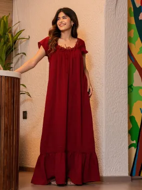 Maroon Flared Soft Crepe Night Maxi