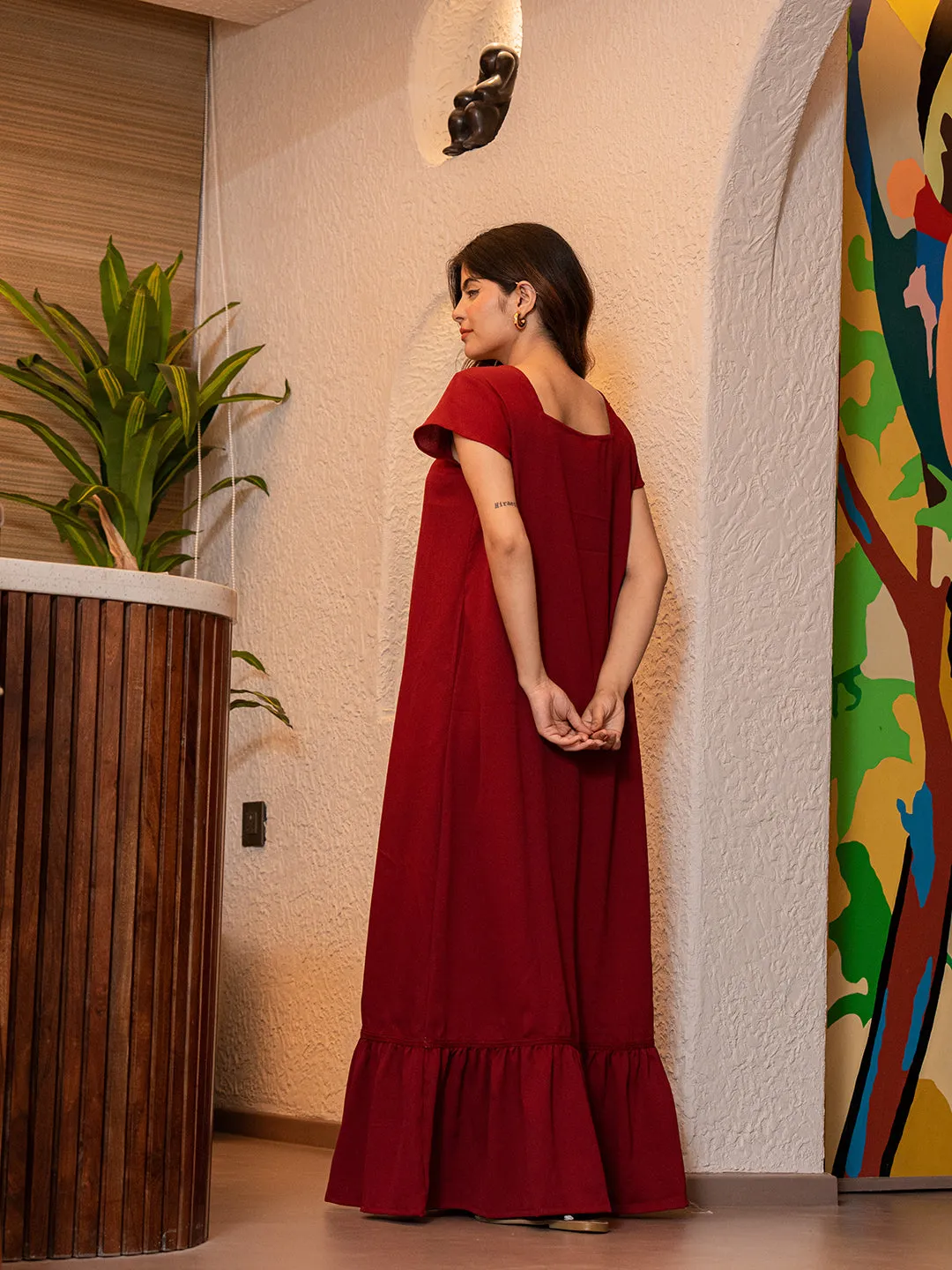 Maroon Flared Soft Crepe Night Maxi