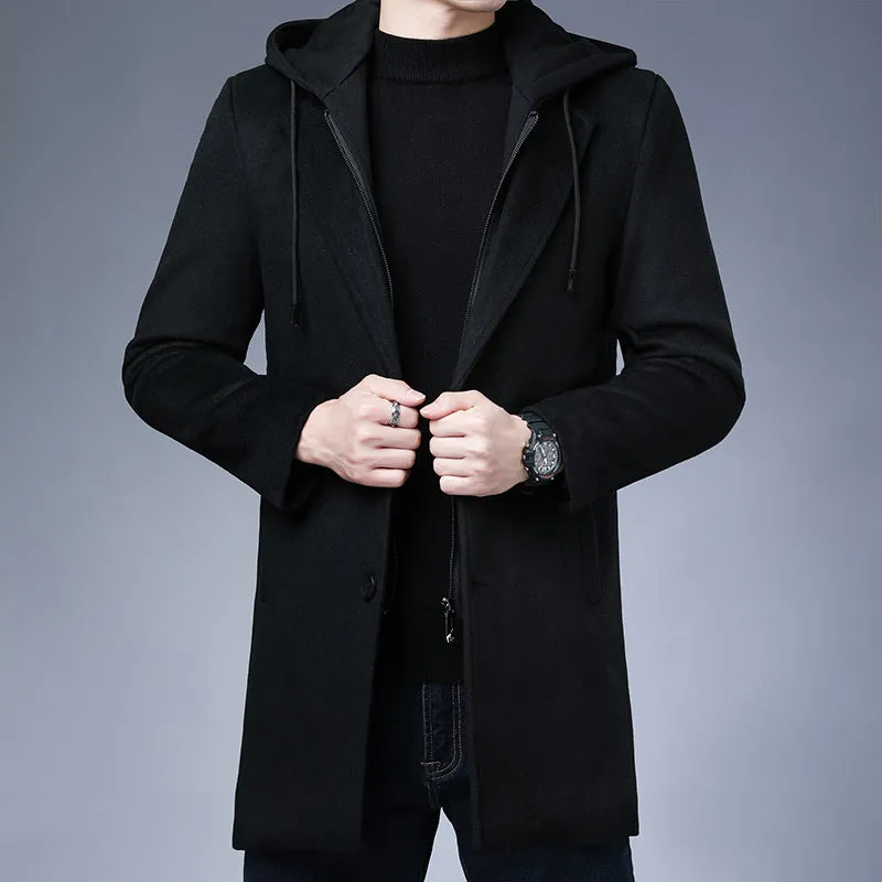 Mens Detachable Hooded Woolen Winter Coat Jacket Mid-Length Single Breasted