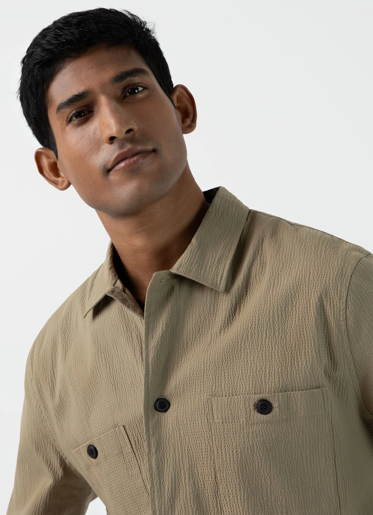 Men's Seersucker Overshirt in Dark Stone