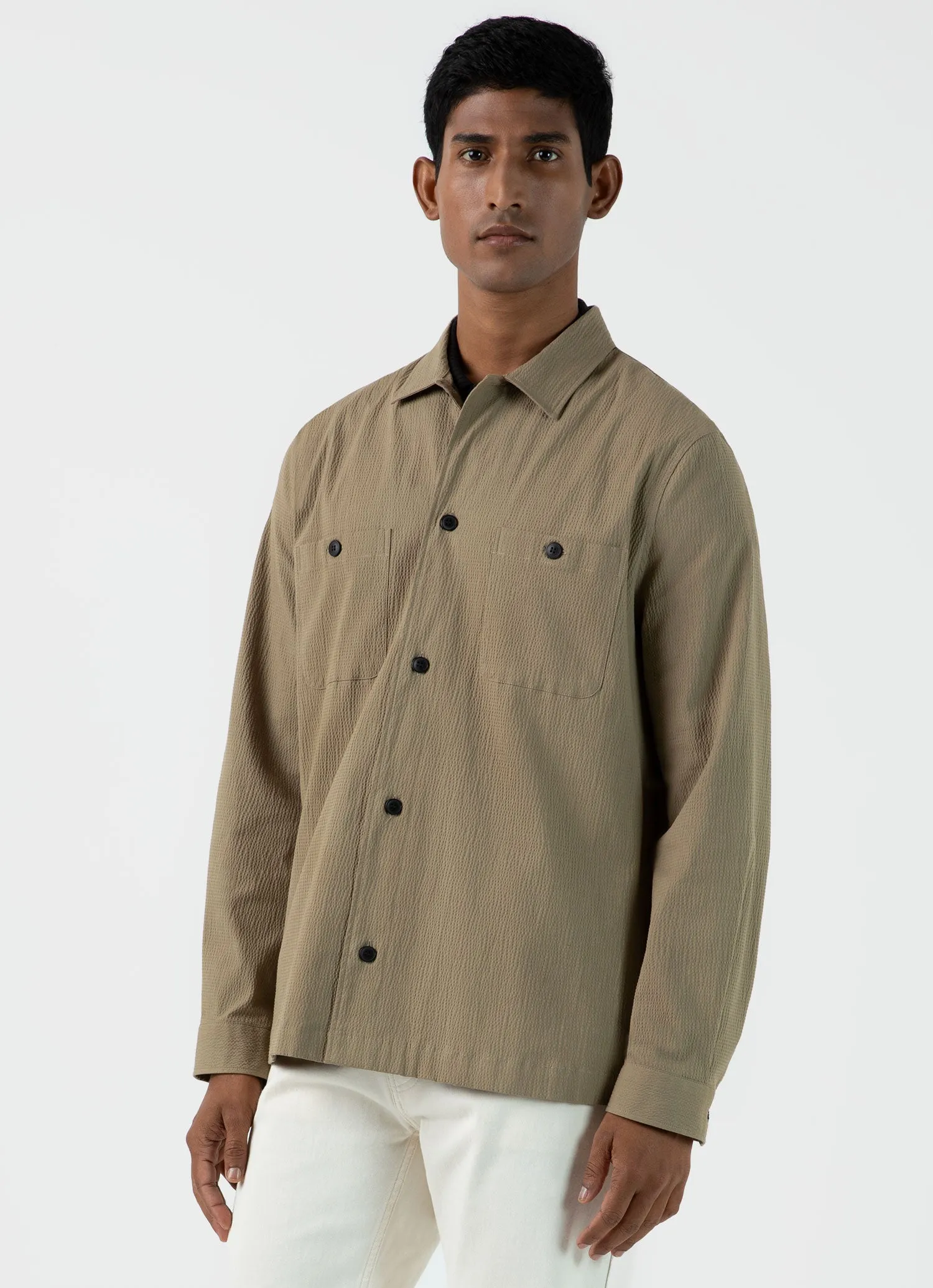 Men's Seersucker Overshirt in Dark Stone