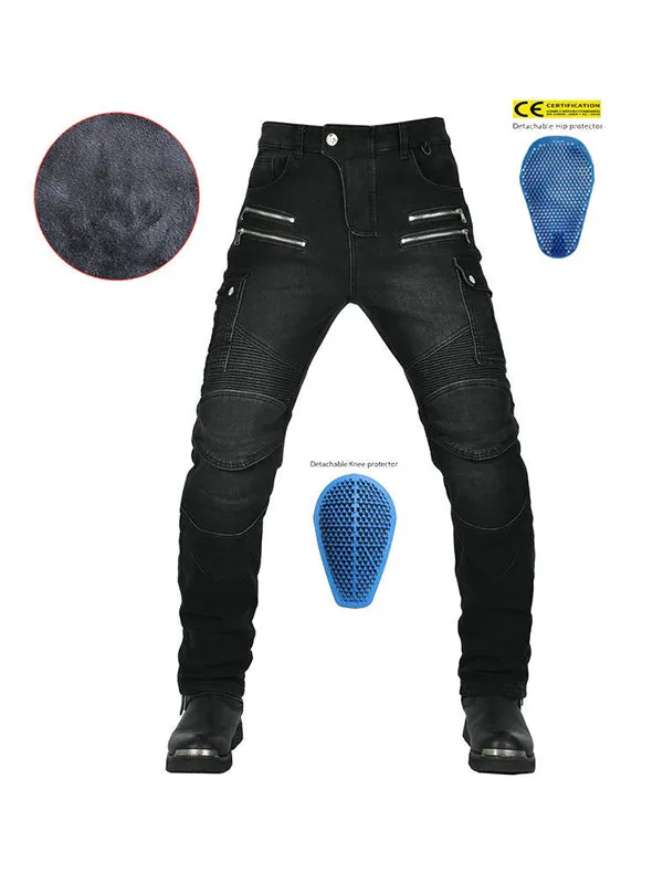 Men’s Slim-Fit Winter Motorcycle Jeans with Fleece Lining and Blue Silicone Knee & Hip Protectors